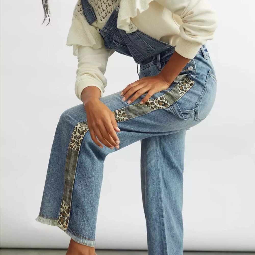 Anthropologie Lex Denim Overalls Womens 27 Distress Leopard Stripe Pilcro NWT